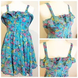 The Hanger Mini Dress Womens Sz Med Blue Boho Flutter Ruffle Floral Beach Summer